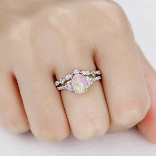 1.2 Carat Oval Pink Opal Rose Gold Engagement Ring Set 925 Sterling Silver CZ Diamond