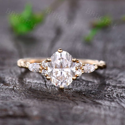 1.5CT Oval Cut Moissanite Engagement Ring Marquise Moissanite Twist Plain Gold Band