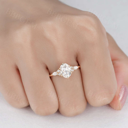 1.5CT Oval Cut Moissanite Engagement Ring Marquise Moissanite Twist Plain Gold Band