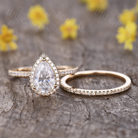 1.5 Carat Pear Shaped Moissanite Engagement Ring Set Diamond Matching Band 14k Rose Gold Halo Stacking Thin