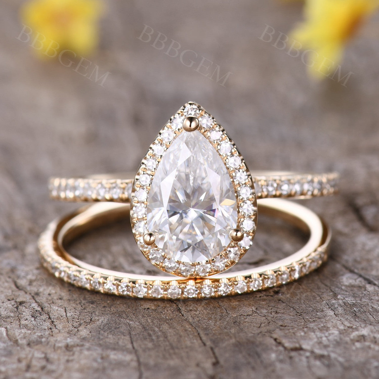 1.5 Carat Pear Shaped Moissanite Engagement Ring Set Diamond Matching Band 14k Rose Gold Halo Stacking Thin