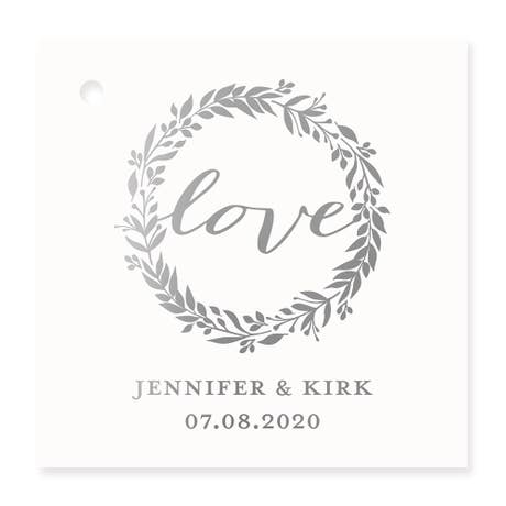 Personalized 2" Metallic Foil Square Favor Tag - Love Wreath