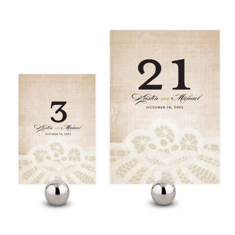 Personalized Wedding Reception Table Number Cards - Vintage Lace - Pack of 12