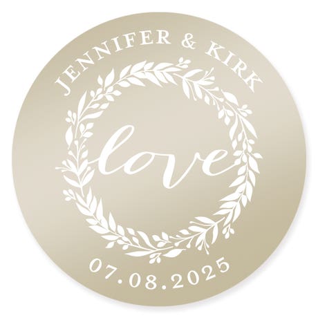 Personalized 2" Round Metallic Favor Sticker - Love Wreath