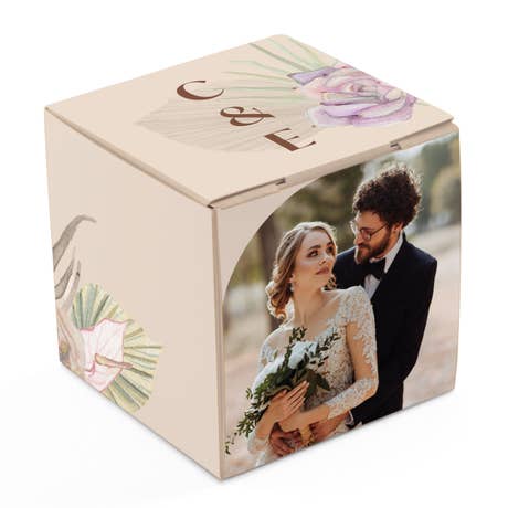 Miniature Custom Photo Printed Square Paper Favor Boxes - Sunkissed Desert Monogram