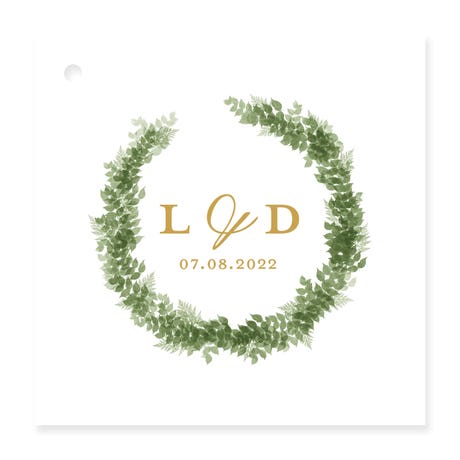 Personalized 2.5" Square Favor Tag - Love Wreath Initial