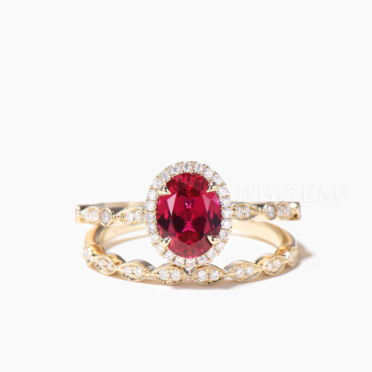 Diamond Halo Bridal Set 1.5CT Oval Cut Ruby Engagement Ring Half Eternity Band