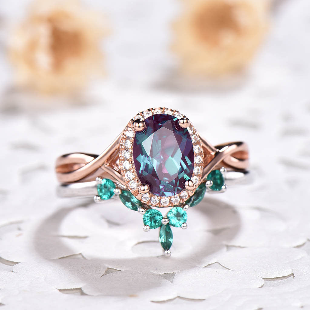 Infinity Alexandrite Engagement Ring Set lab Emerald Curved Matching Band 2pcs