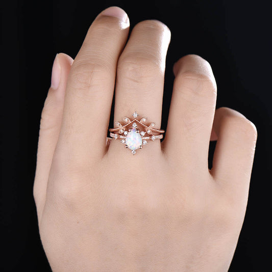 14K/18K Gold Art Deco Pear Shaped Opal Rose Gold Engagement Ring Bridal Set Unique