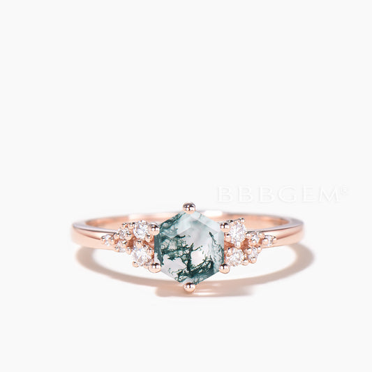Diamond Cluster Rose Gold Ring Hexagon Cut Natural Moss Agate Engagement Ring