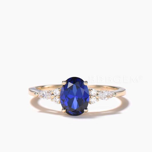 1.5CT Oval Cut Sapphire Engagement Ring Mixed Cut Diamond Cluster Ring