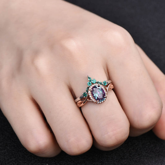 Infinity Alexandrite Engagement Ring Set lab Emerald Curved Matching Band 2pcs