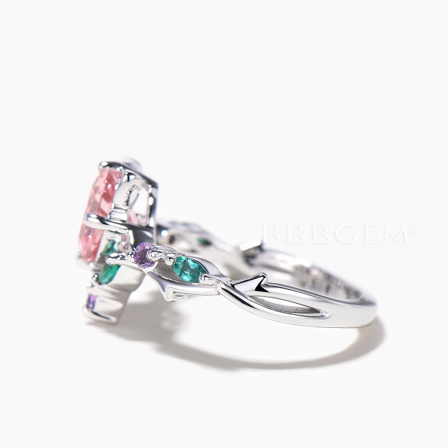 1ct Round Padparadscha Sapphire Ring Pink Sapphire Cat Design Multi-Stone Ring