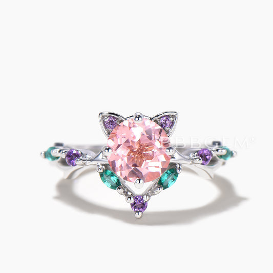 1ct Round Padparadscha Sapphire Ring Pink Sapphire Cat Design Multi-Stone Ring