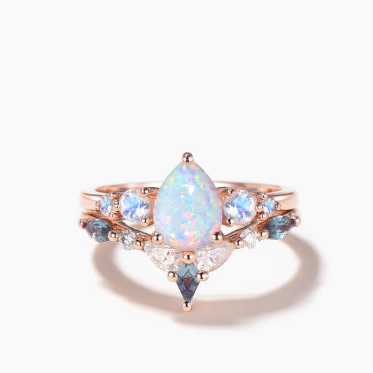 1.25ct Pear Cut White Opal Wedding Ring Moonstone Alexandrite Stacking Bridal Ring