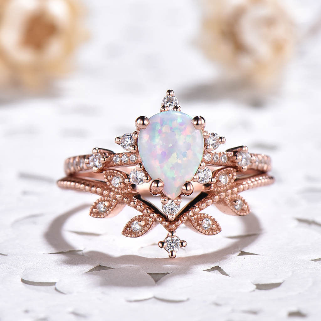 14K/18K Gold Art Deco Pear Shaped Opal Rose Gold Engagement Ring Bridal Set Unique