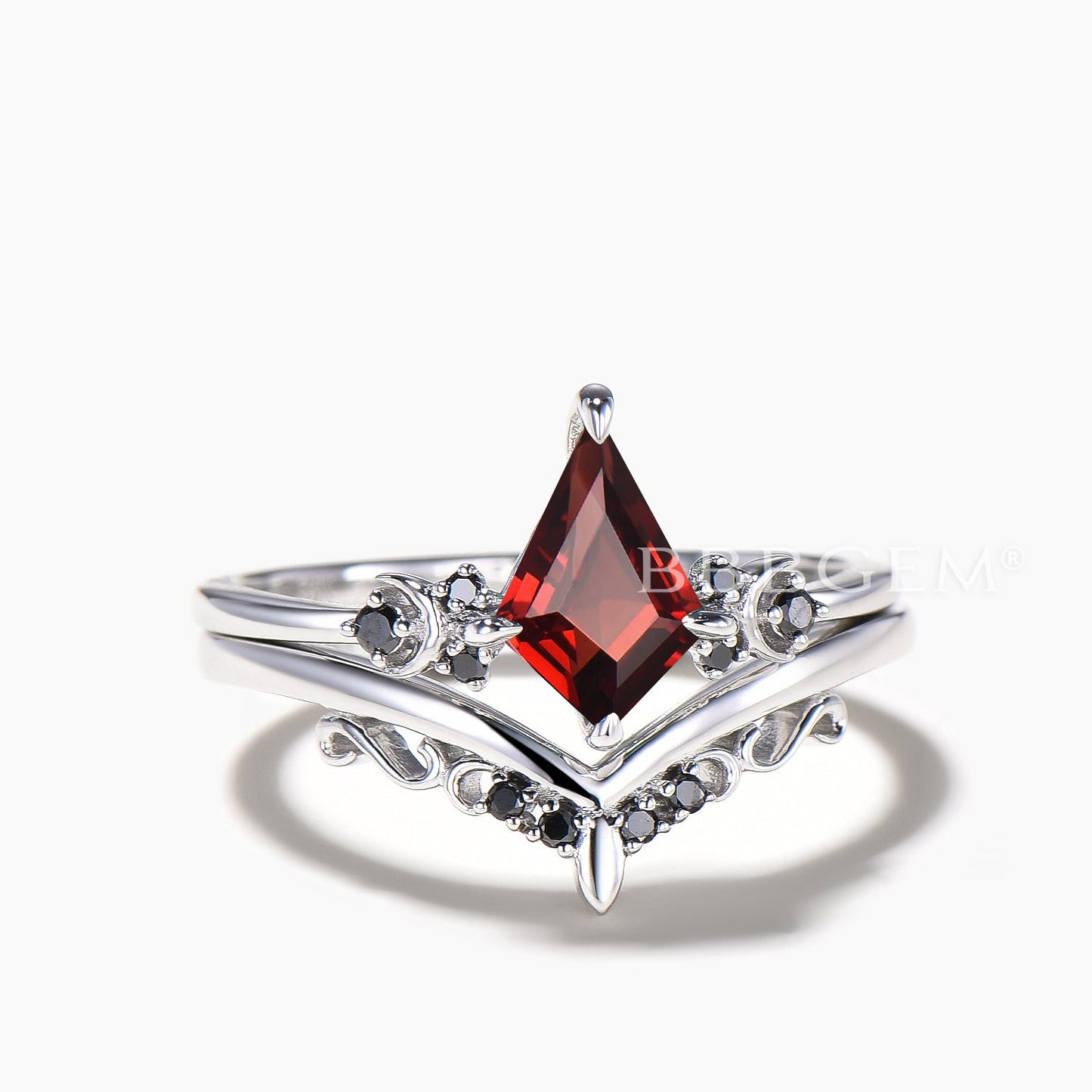 Kite Cut Natural Garnet Engagement Ring Black Spinel Celestial Bridal Set