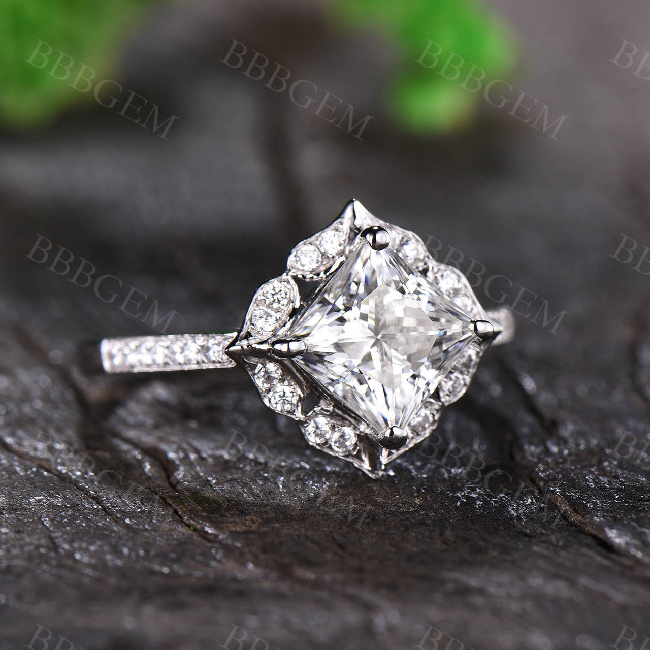 1.7CT Vintage Princess Cut Moissanite Engagement Ring White Gold Half Eternity Moissanite Wedding Band
