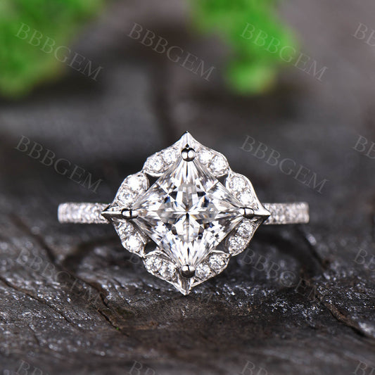 1.7CT Vintage Princess Cut Moissanite Engagement Ring White Gold Half Eternity Moissanite Wedding Band