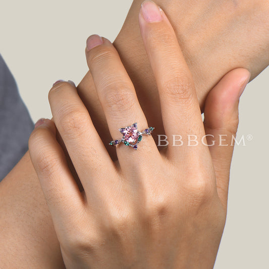 1ct Round Padparadscha Sapphire Ring Pink Sapphire Cat Design Multi-Stone Ring