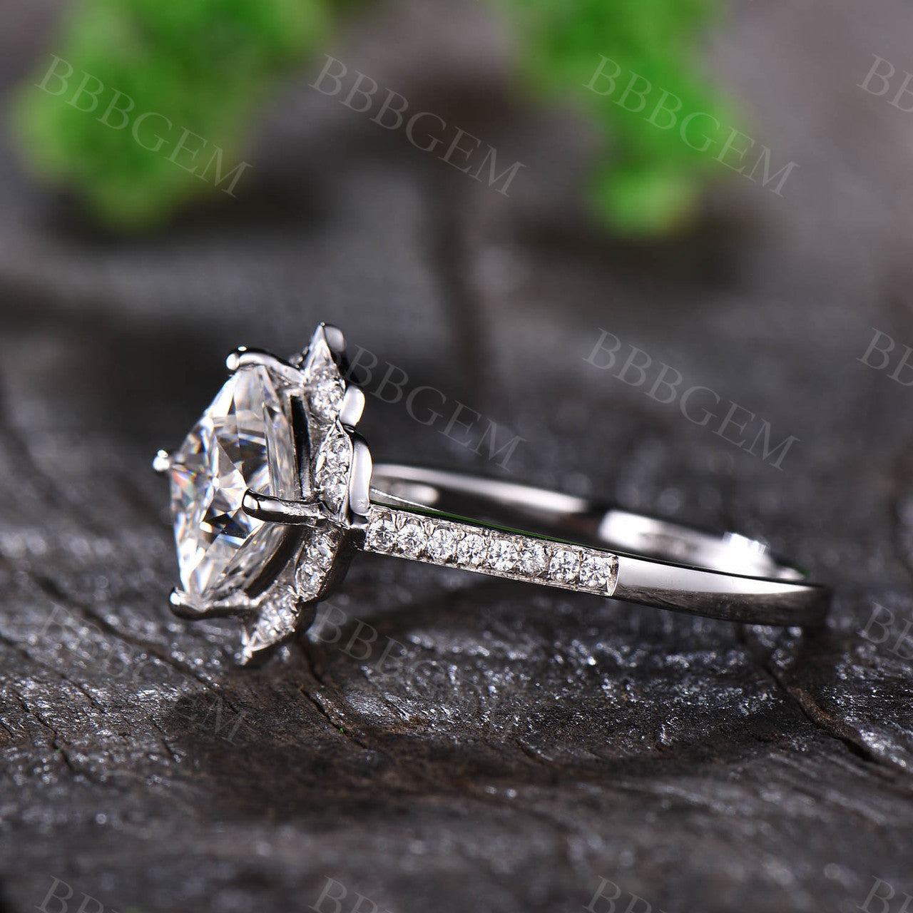 1.7CT Vintage Princess Cut Moissanite Engagement Ring White Gold Half Eternity Moissanite Wedding Band
