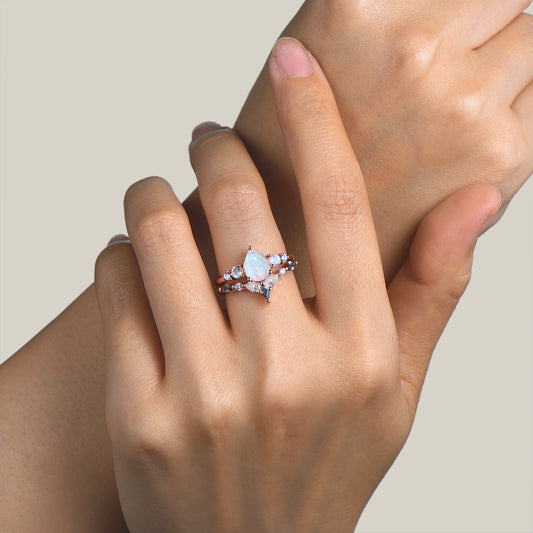 1.25ct Pear Cut White Opal Wedding Ring Moonstone Alexandrite Stacking Bridal Ring