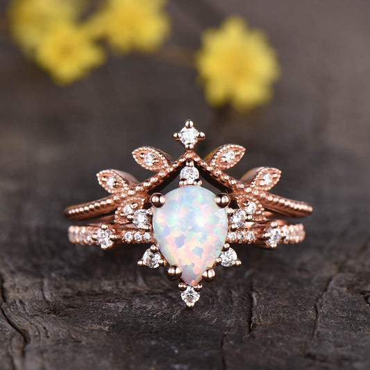 14K/18K Gold Art Deco Pear Shaped Opal Rose Gold Engagement Ring Bridal Set Unique