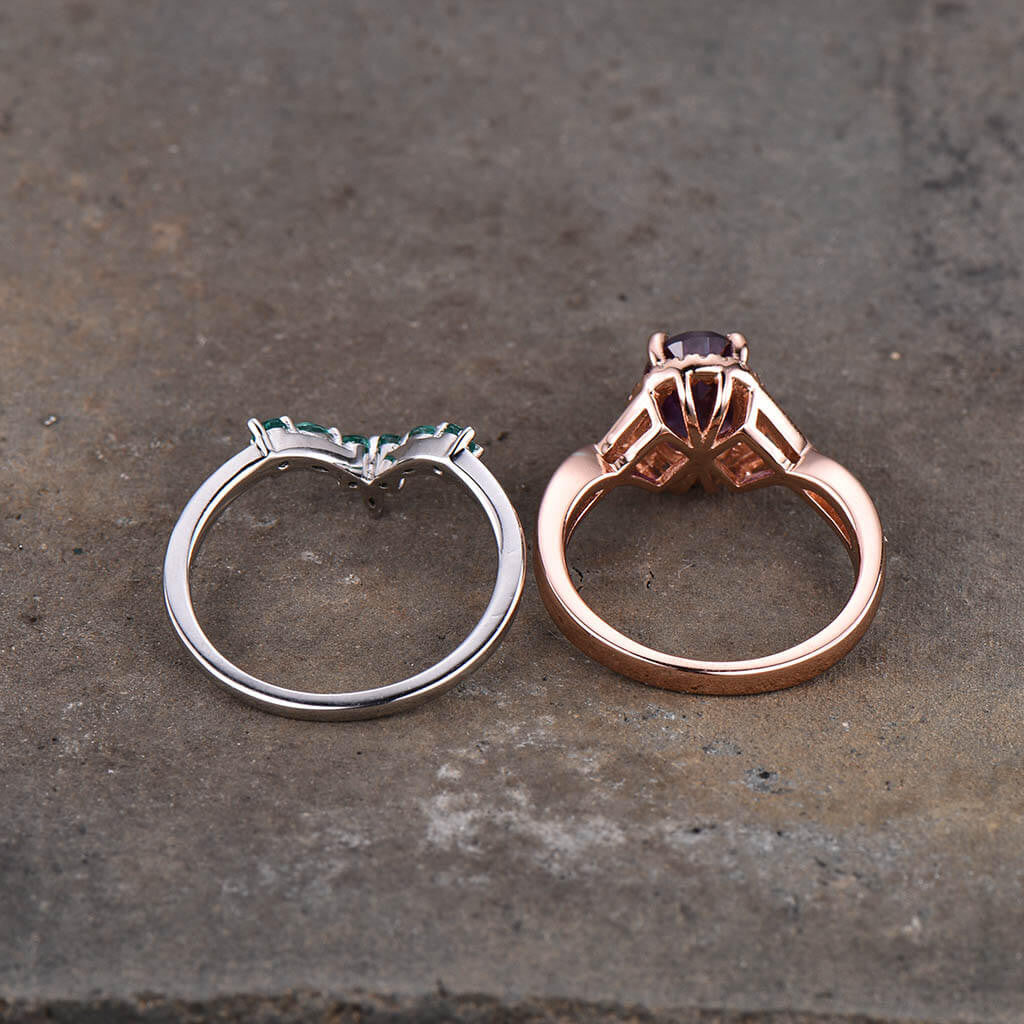 Infinity Alexandrite Engagement Ring Set lab Emerald Curved Matching Band 2pcs