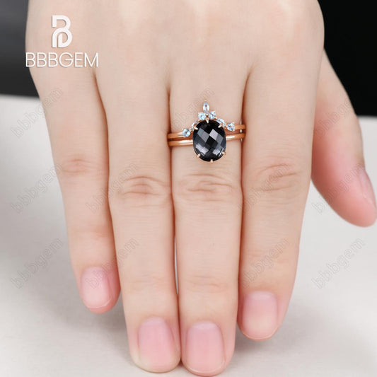 10x8mm Oval Cut Big Black Spinel Engagement Ring Set Checkerboard-Cut Black Gemstone Aug Birthstone W/ Rose Gold Curved Topaz Matching Band