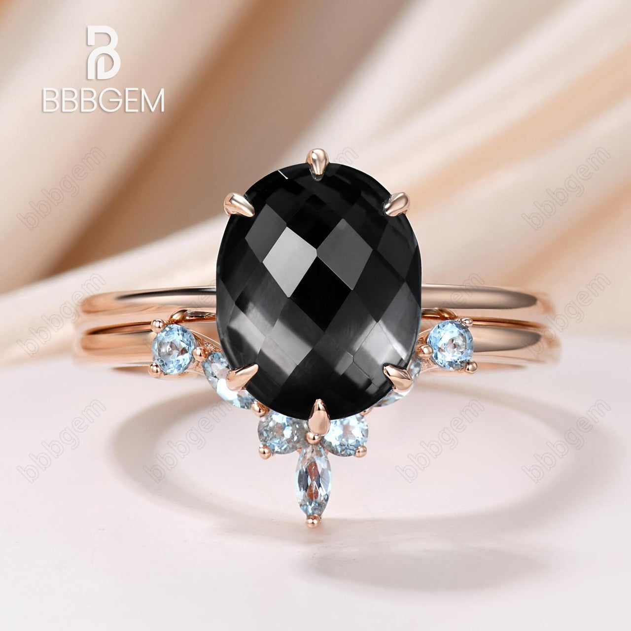 10x8mm Oval Cut Big Black Spinel Engagement Ring Set Checkerboard-Cut Black Gemstone Aug Birthstone W/ Rose Gold Curved Topaz Matching Band