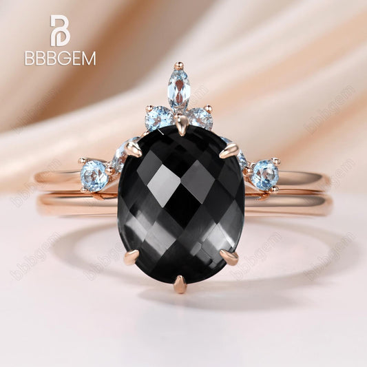 10x8mm Oval Cut Big Black Spinel Engagement Ring Set Checkerboard-Cut Black Gemstone Aug Birthstone W/ Rose Gold Curved Topaz Matching Band