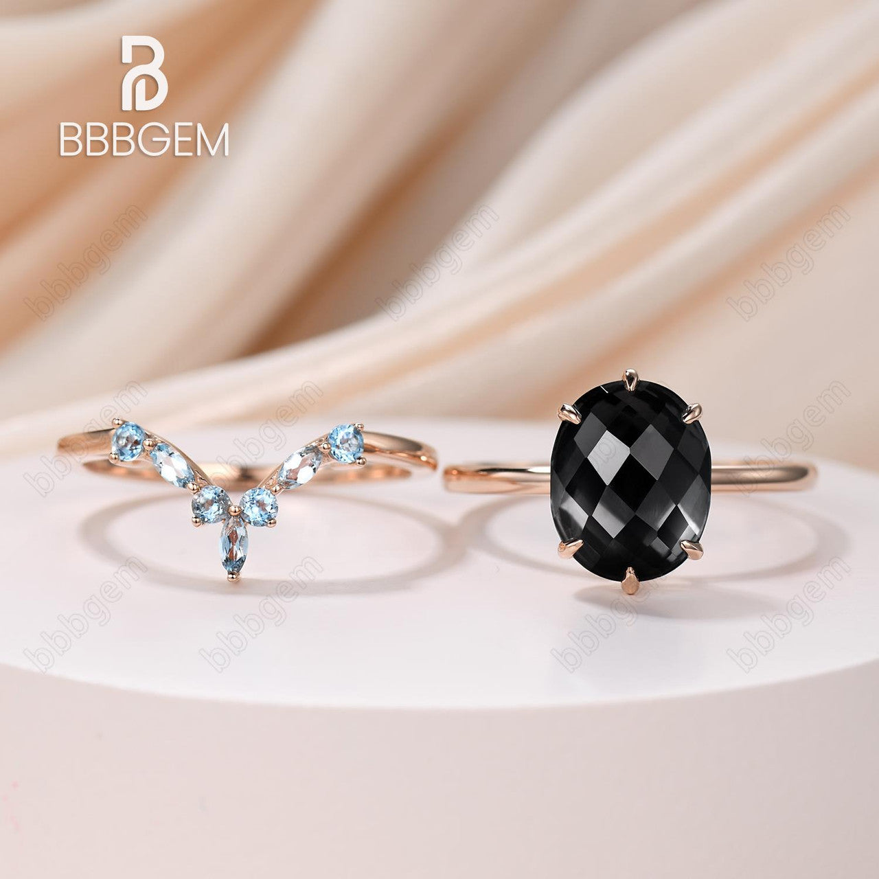 10x8mm Oval Cut Big Black Spinel Engagement Ring Set Checkerboard-Cut Black Gemstone Aug Birthstone W/ Rose Gold Curved Topaz Matching Band