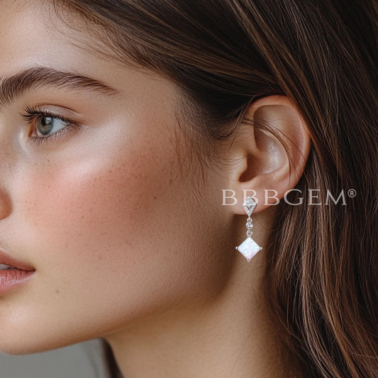 1.2CT Princess Cut White Opal Drop Earrings Round Diamond White Gold Earrings