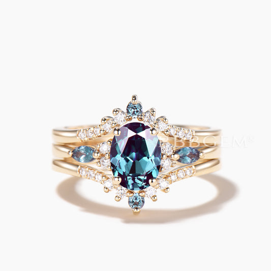1.5ct Oval Cut Color-Change Alexandrite Engagement Ring Set for Women