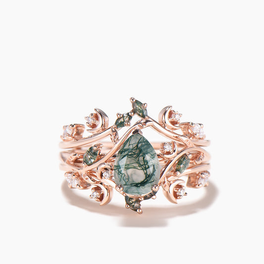 1.25ct Pear Cut Moss Agate Diamond Enhancer Wedding Ring Nature Inspired Bridal Set