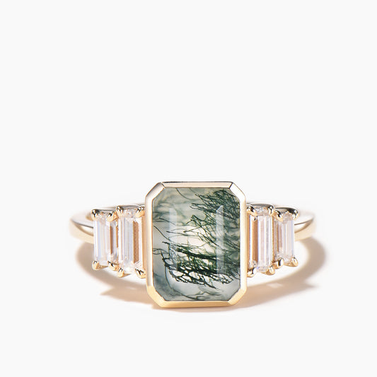 Emerald Cut Natural Moss Agate Engagement Ring Baguette Moissanite Ring