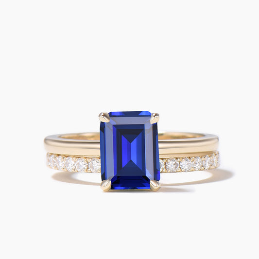 2CT Emerald Cut Blue Sapphire Solitaire Wedding Bridal Ring Hidden Halo Ring