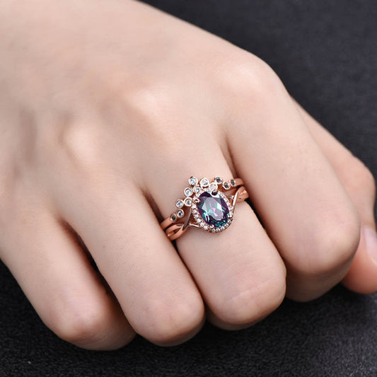 1.2 Carat Infinity Alexandrite Engagement Ring Set London Blue Topaz Matching Band 2pcs