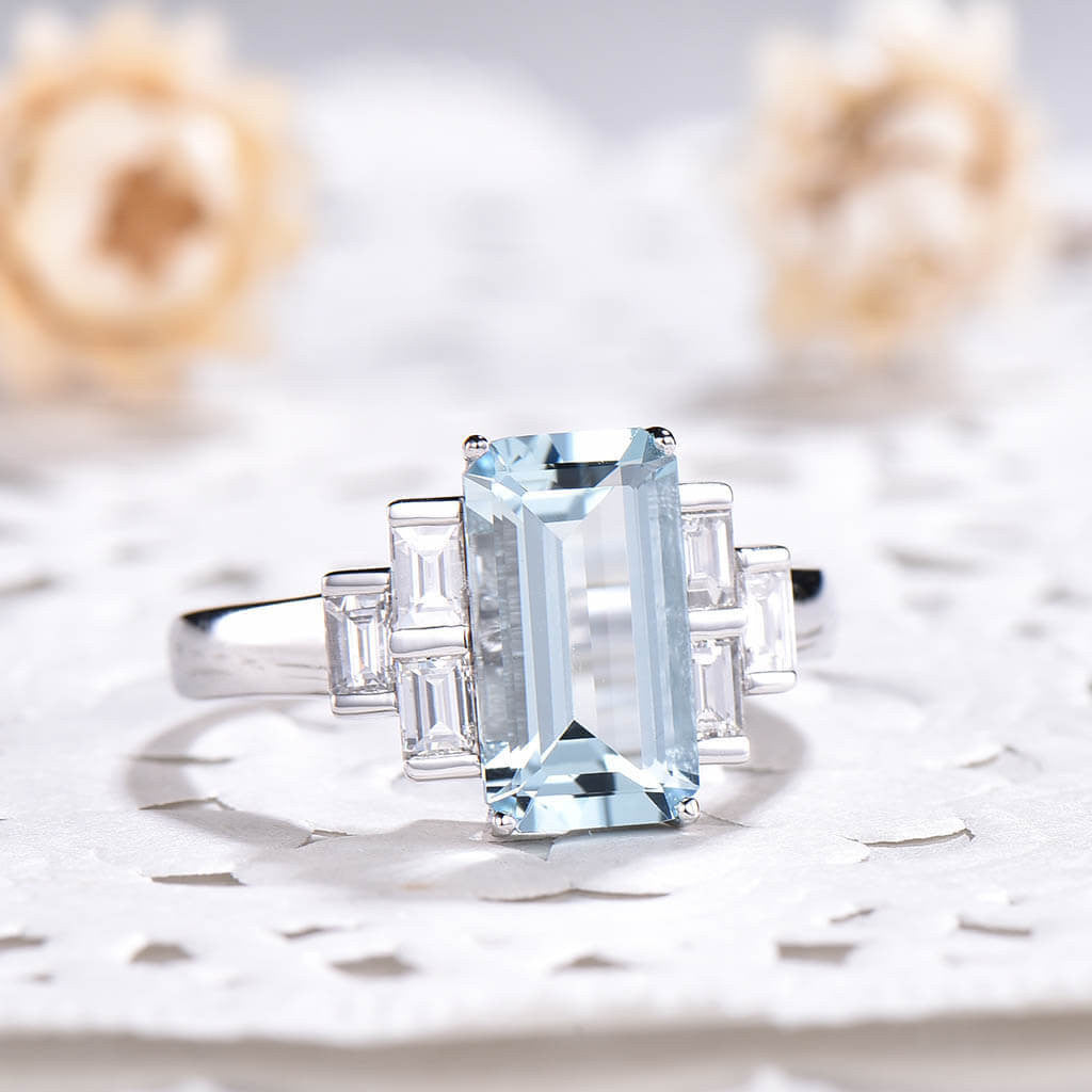 11x6mm Emerald Cut Aquamarine Engagement Ring Baguette Cut Diamond Accent