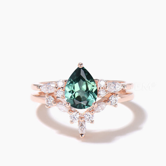 1.25CT Pear Cut Emerald Engagement Ring Diamond Curved Band Bridal Ring Set