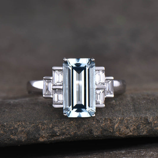 11x6mm Emerald Cut Aquamarine Engagement Ring Baguette Cut Diamond Accent