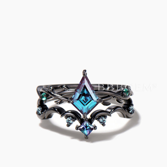 1CT Kite Cut Color-change Alexandrite Twisted Wedding Ring Celetial Bridal Set