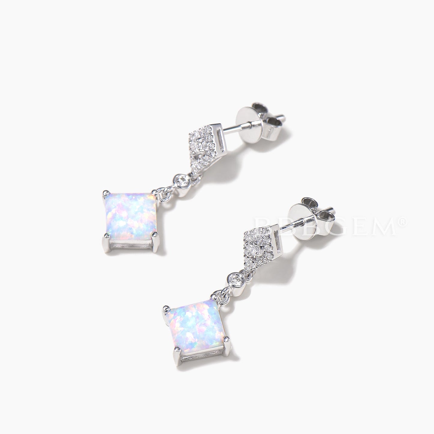 1.2CT Princess Cut White Opal Drop Earrings Round Diamond White Gold Earrings