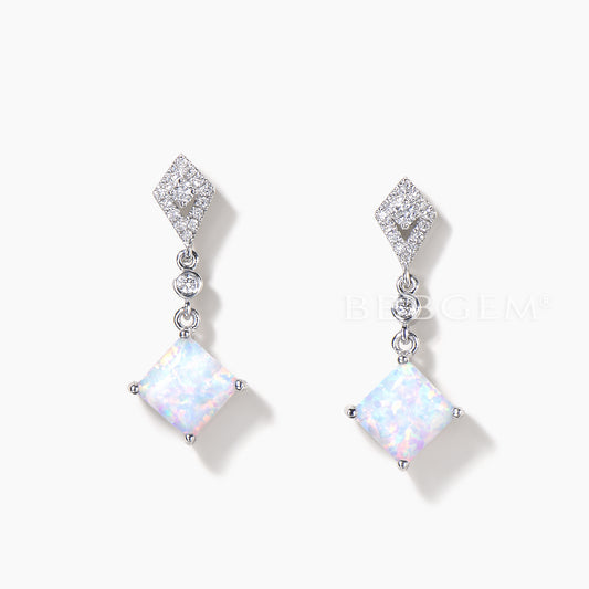 1.2CT Princess Cut White Opal Drop Earrings Round Diamond White Gold Earrings