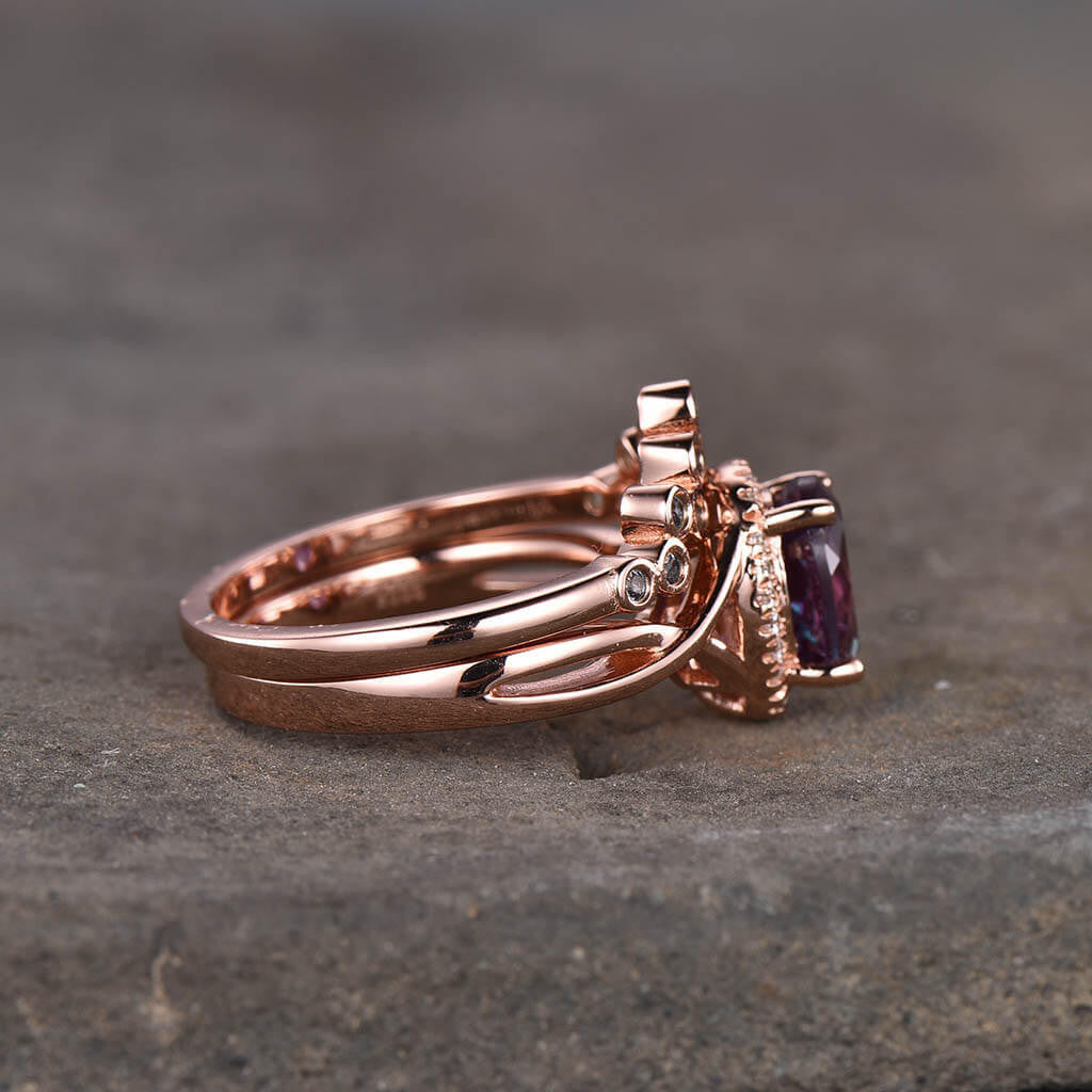 1.2 Carat Infinity Alexandrite Engagement Ring Set London Blue Topaz Matching Band 2pcs