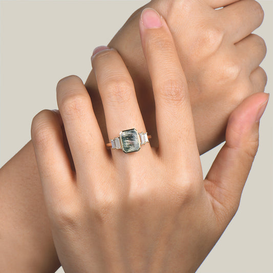 Emerald Cut Natural Moss Agate Engagement Ring Baguette Moissanite Ring