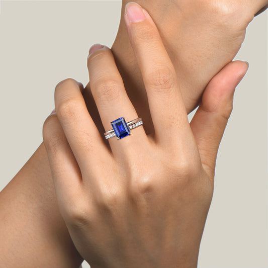 2CT Emerald Cut Blue Sapphire Solitaire Wedding Bridal Ring Hidden Halo Ring