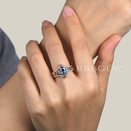 1.5ct Oval Cut Color-Change Alexandrite Engagement Ring Set for Women