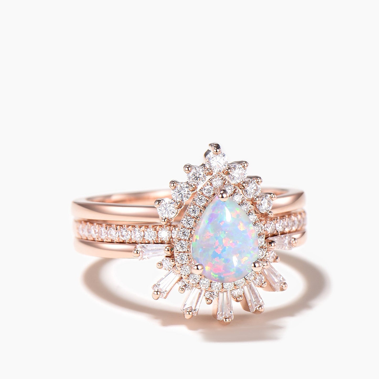 3pcs Pear Cut White Opal Wedding Bridal Set Moissanite Halo Engagement Ring