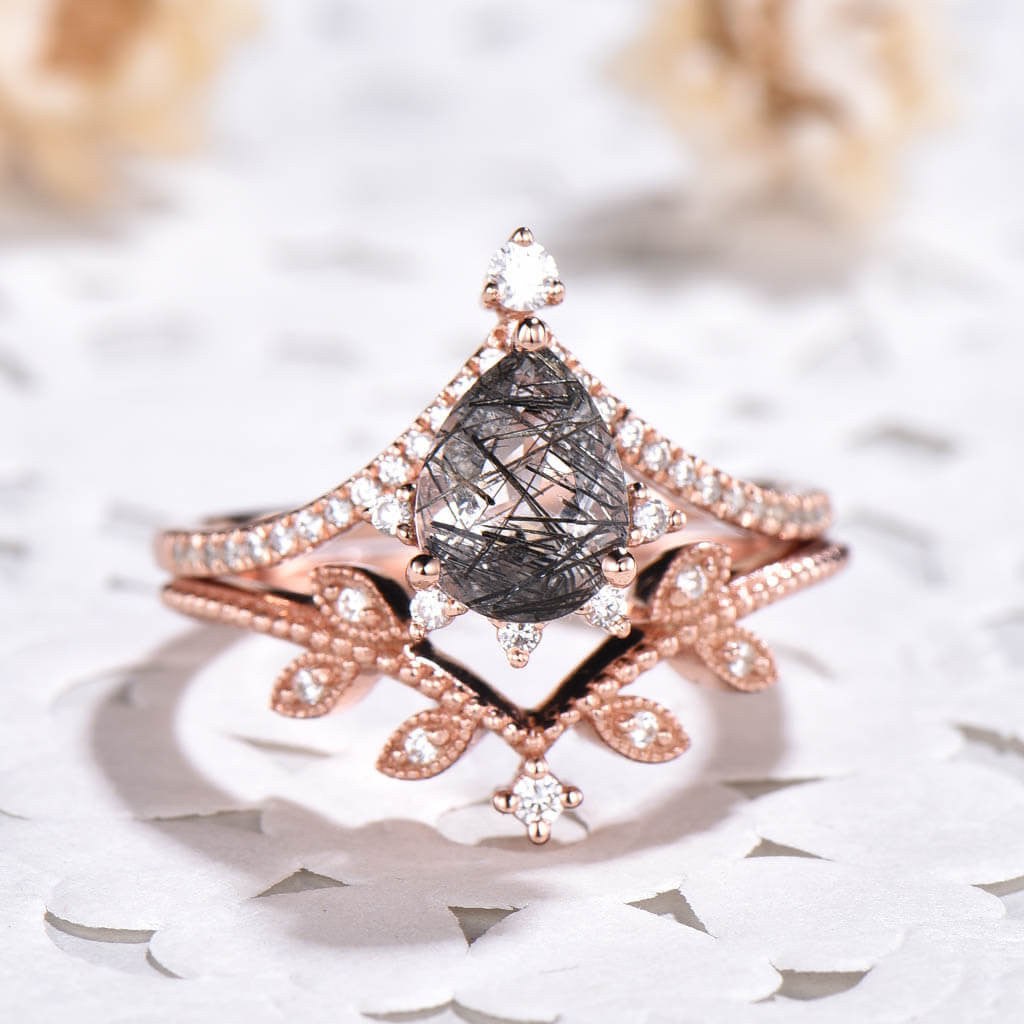 14K/18K Milgrain Filigree Pear Black Rutilated Quartz Diamond Engagement Rings Set Shaped Band